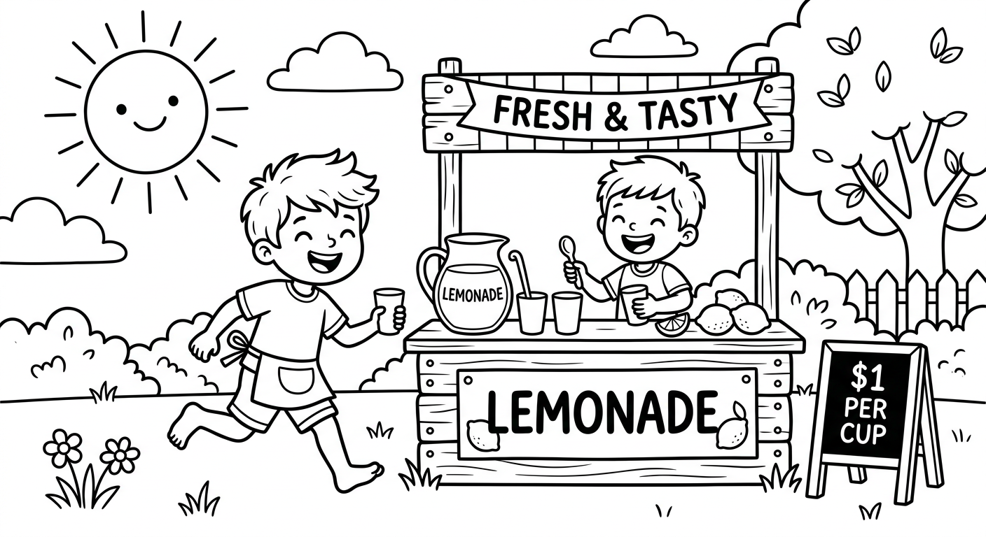 Sample coloring page of kids running a lemonade stand