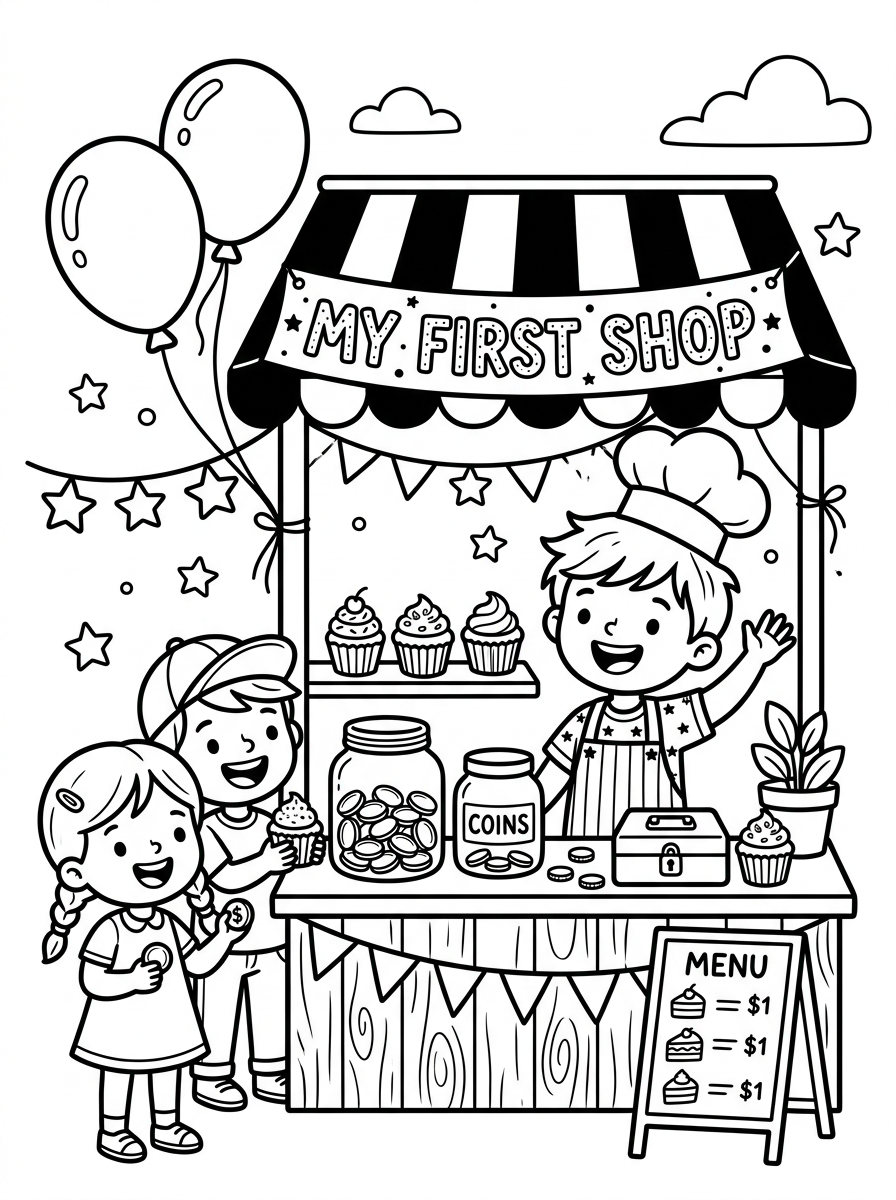 Preview of the free My First Shop coloring page